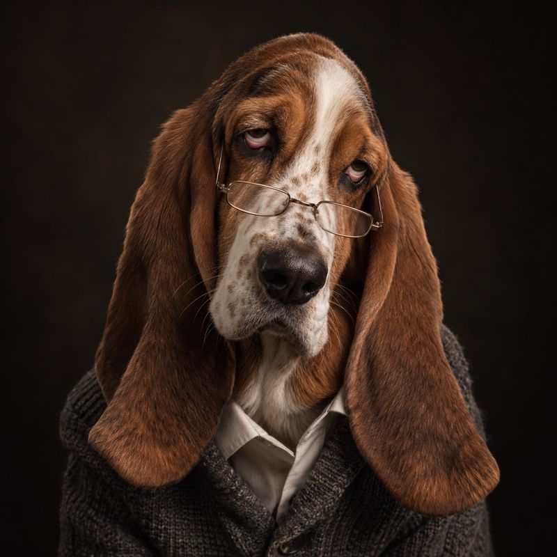 Professor Barnaby Droop, Director, a basset hound with very long ears and a weary, upward glance, wearing rectangular gold glasses low on the nose and a gray knit cardigan.