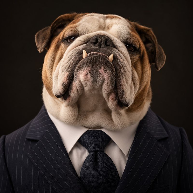 Sir Humphrey Jowls, Director, a bulldog in a navy pinstripe suit and dark tie, chin raised, two lower teeth showing.