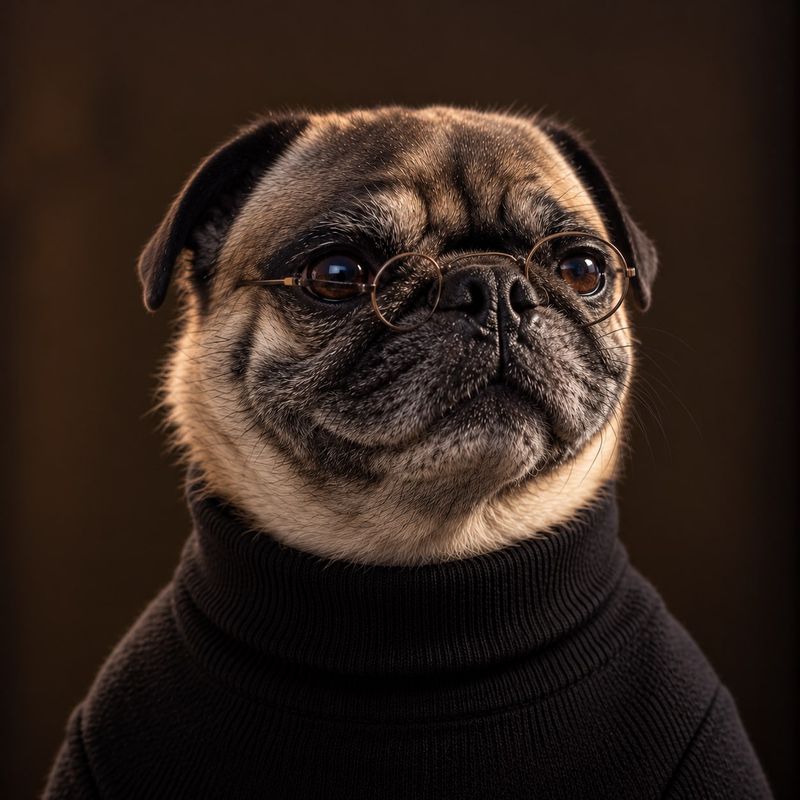 Henry Wrinkles, Chief Executive Pug, a pug in round wire glasses and a black turtleneck, looking slightly off camera.