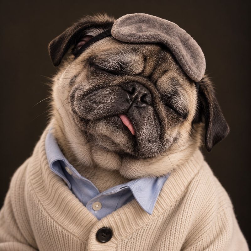 Liam Napworth, Chief Nap Officer, a pug with eyes closed and tongue slightly out, a gray sleep mask pushed up on the forehead, wearing a cream cardigan over a blue shirt.