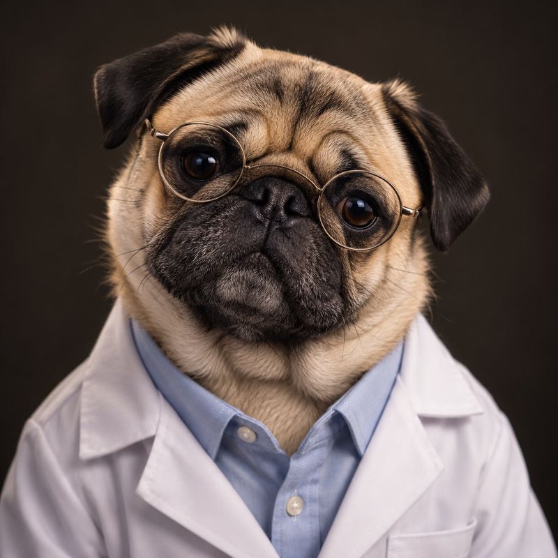 Dr. John Snortsworth, Chief Scientist, a pug in round gold glasses and a white lab coat over a blue shirt, head tilted.