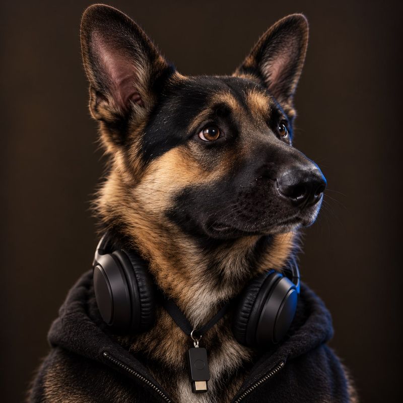 Nero Kernel, Head of Cybersecurity, a German shepherd with upright ears in a black hoodie, over-ear headphones around the neck and a security key on a lanyard, looking to the right.
