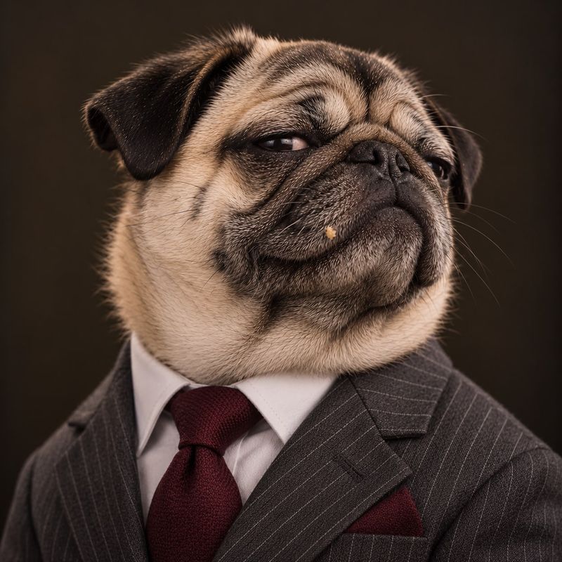 Marcus Meatley, General Counsel, a pug in a gray pinstripe suit with a burgundy tie and pocket square, a small crumb near the mouth.