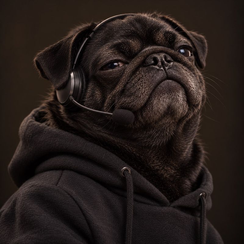 Lucas Pancroft, Head of Compute, a black pug in a black hoodie wearing a headset with a microphone, chin raised.