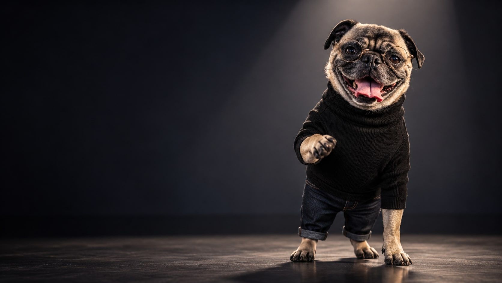The Pugalarity Labs mascot, a smiling pug in round glasses, a black turtleneck and jeans, standing in a spotlight with one paw raised.