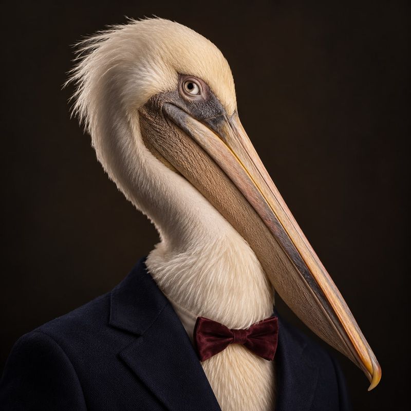 Dame Pelagia Billsworth, Director, a pelican with a very long bill, in a navy jacket and a burgundy velvet bow tie, in profile.