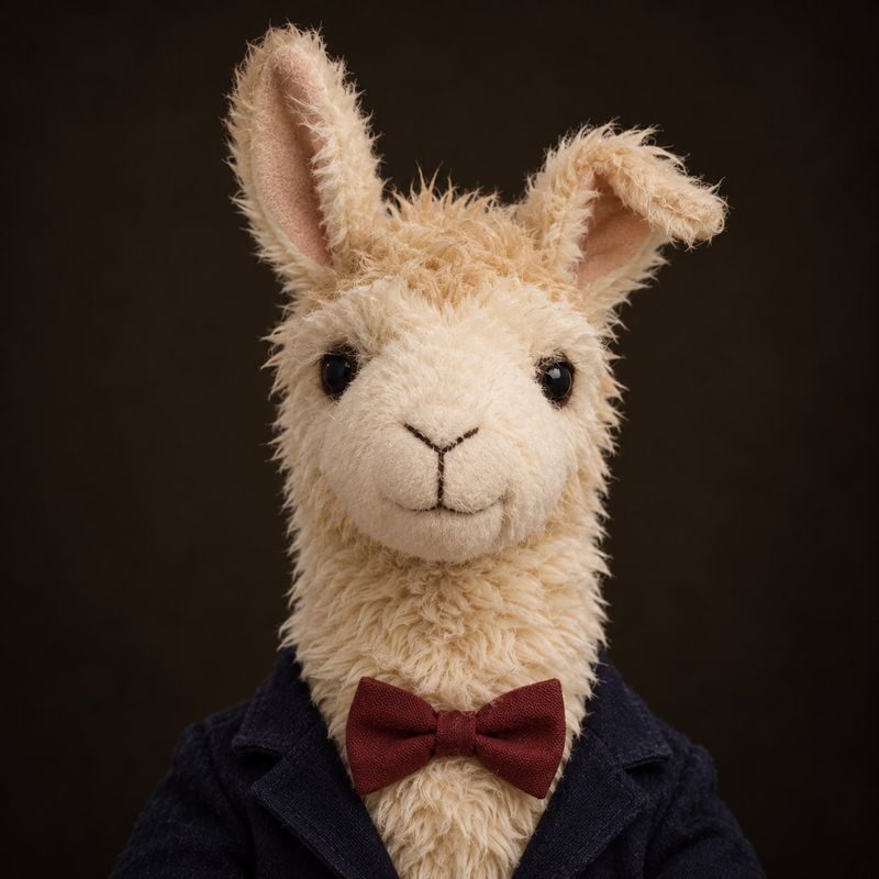 Lord Fluffington, Chair of the Board, a plush llama toy with shaggy cream fabric fur, black bead eyes and a stitched smile, wearing a navy blazer and a burgundy bow tie.