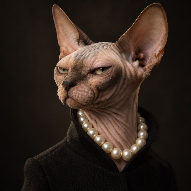 Lady Truffle Pearlington, Independent Director, a hairless sphynx cat with large ears and a stern sideways glare, wearing a pearl necklace and a black coat with a high collar.