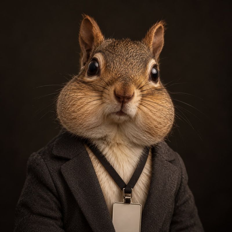 Chester Hazelnutt, Independent Director, a squirrel with wide dark eyes and very full cheeks, in a gray blazer and a lanyard with a blank badge.