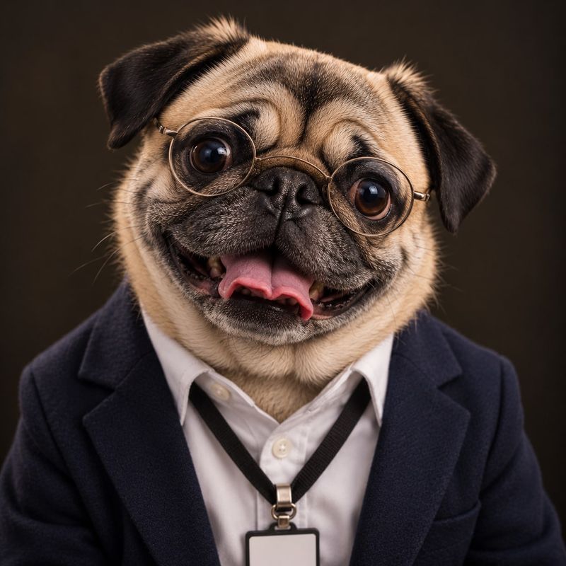 Walter Wafflebrook, VP Alignment, a pug in round glasses and a navy blazer, mouth open in a wide smile, wearing a lanyard with a blank badge.